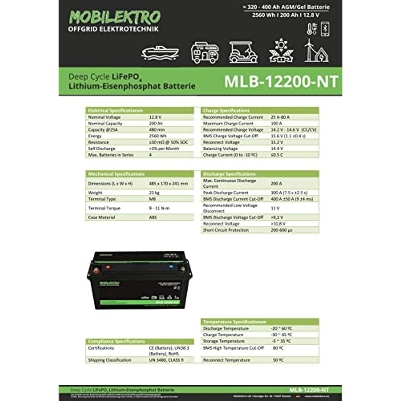 MOBILEKTRO LiFePO4 200Ah 12V 2560Wh Lithium  