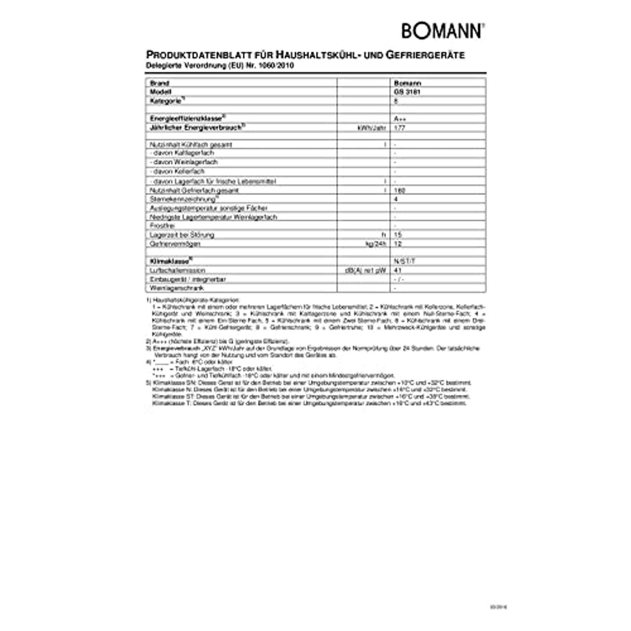 Bomann GS 3181 Gefrierschrank A++/ 144 cm Höhe/ 177 kWh