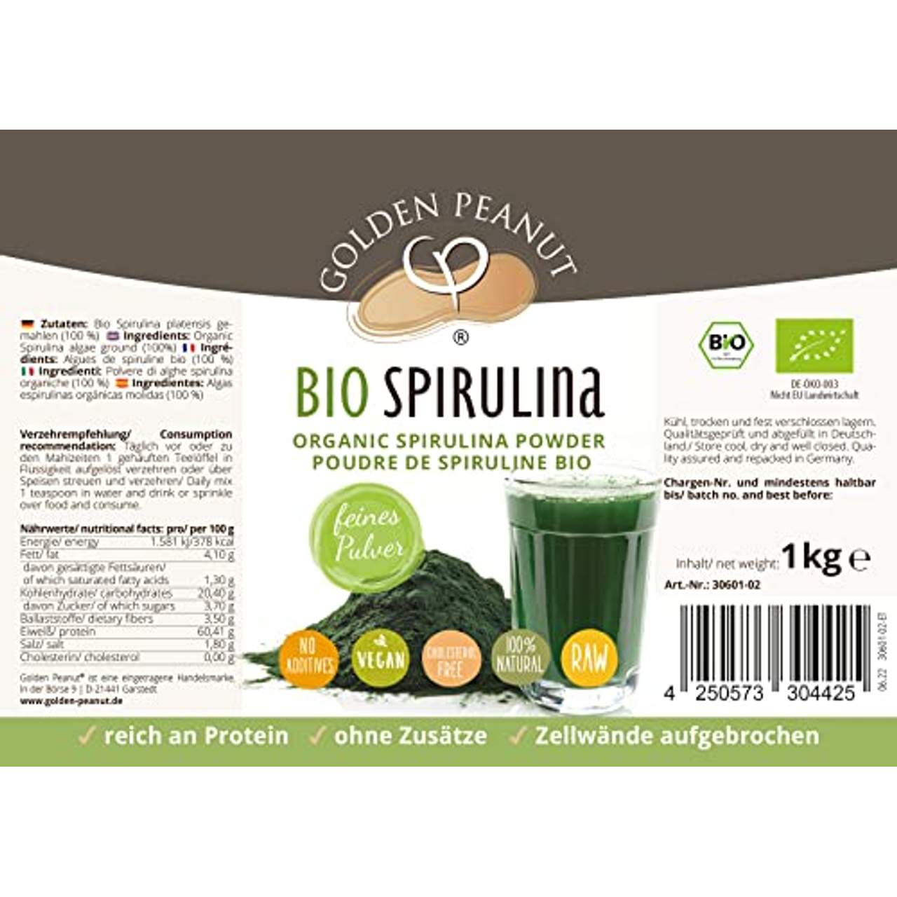 Bio Spirulina Pulver 1kg Zellwände aufgebrochen glutenfrei
