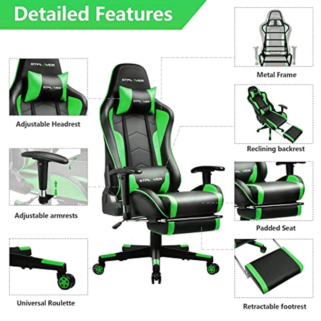 GTPLAYER Gaming Stuhl mit Fußstützen Bluetooth Lautsprecher Musik Stuhl Ergonomischer