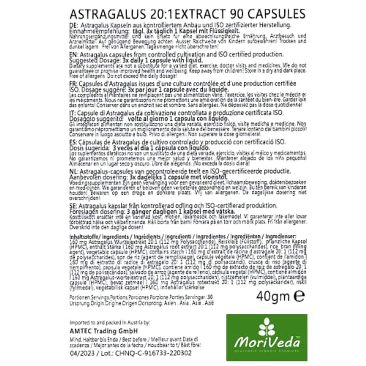 MoriVeda Astragalus Kapseln 1600mg I 20:1 Extrakt