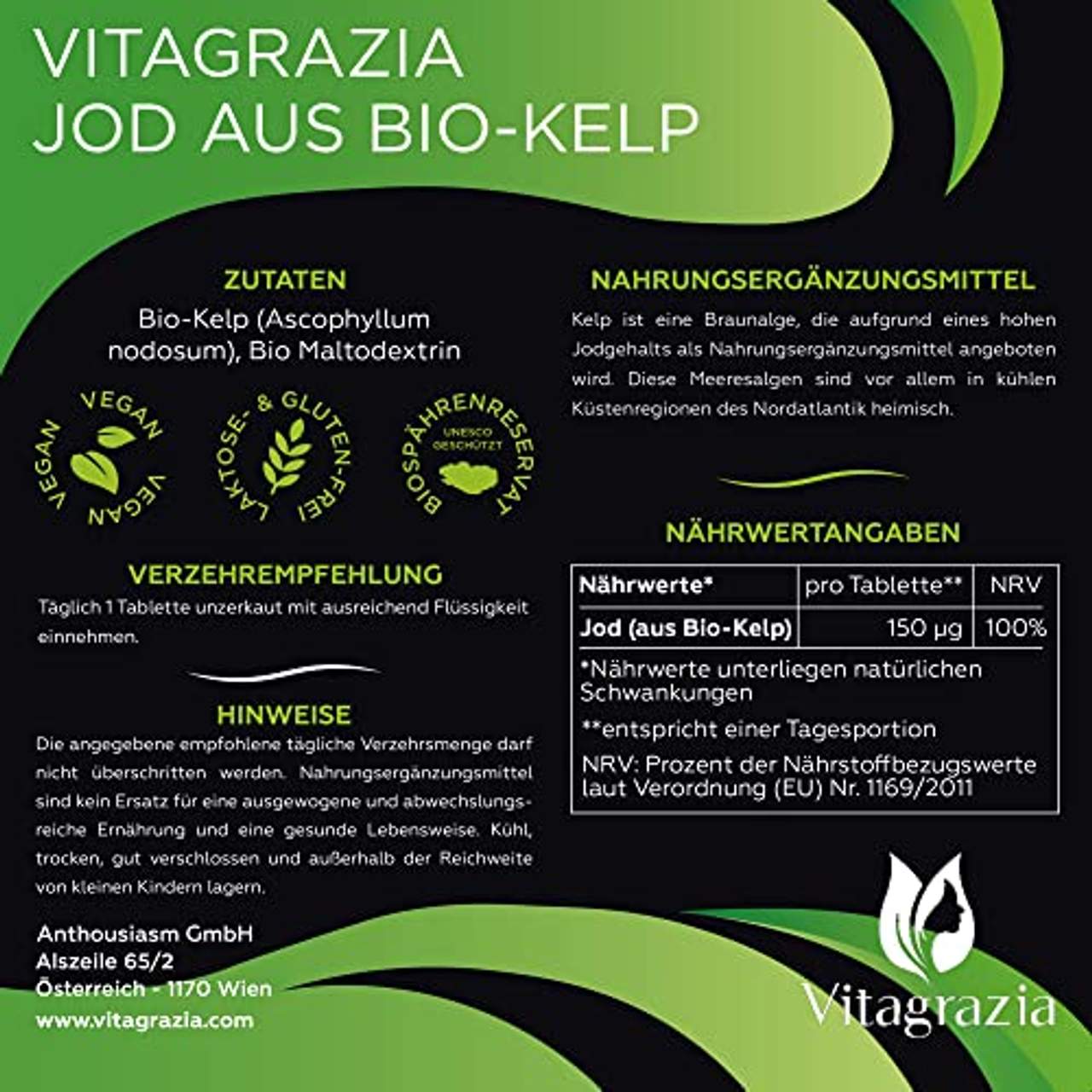 Vitagrazia Bio Kelp Natürliches Jod aus Bio Kelp Braunalgen