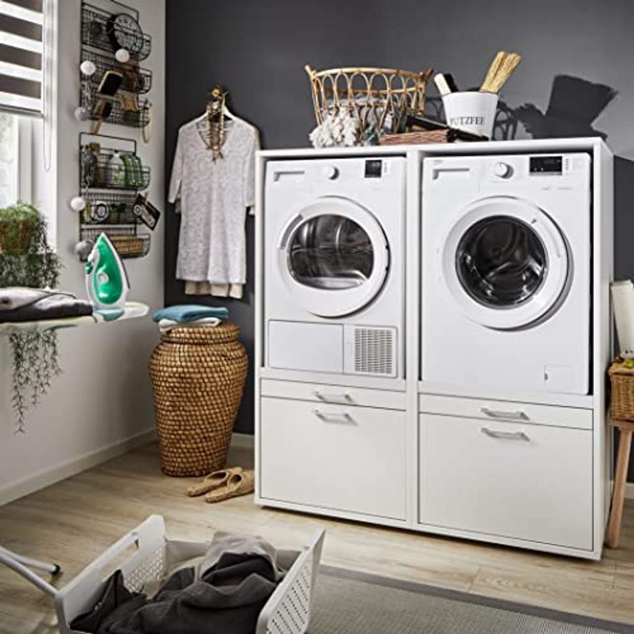Waschturm 2X Waschmaschinenschrank mit Ausziehbrett & Schublade