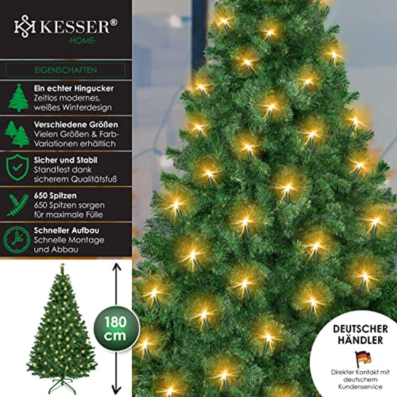 KESSER Weihnachtsbaum künstlich mit LED Lichterkette 180cm mit 588 Spitzen