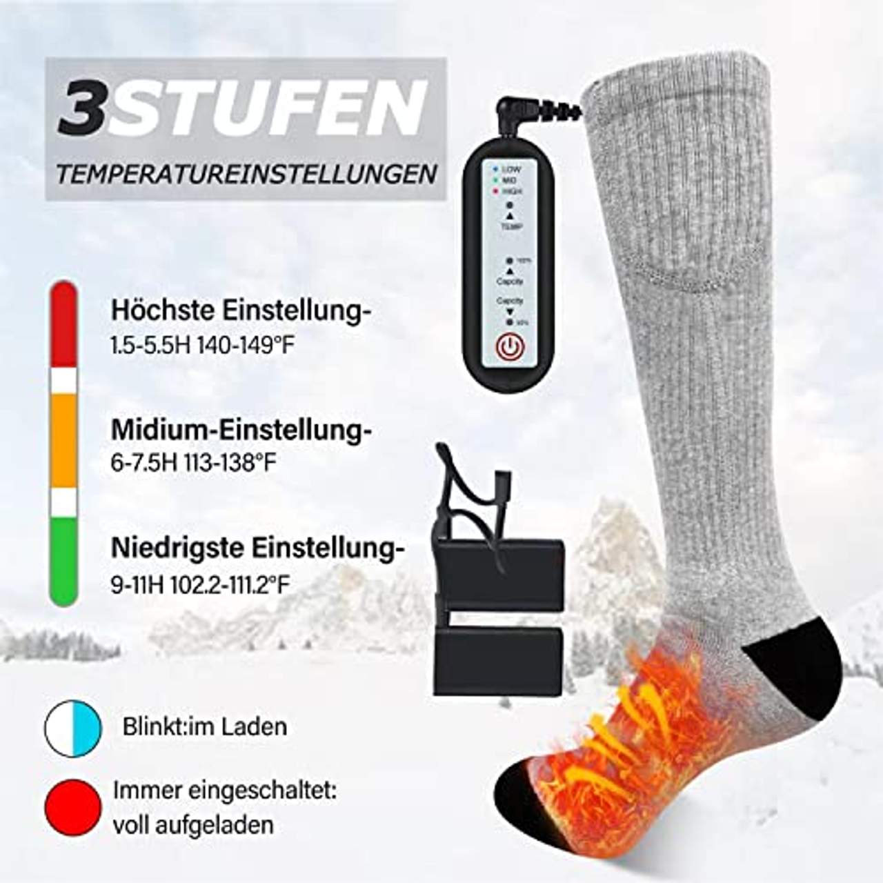Shekipe Beheizbare Socken 4000 mAh Rechargeable Beheizte Socken Heizsocken Damen Herren
