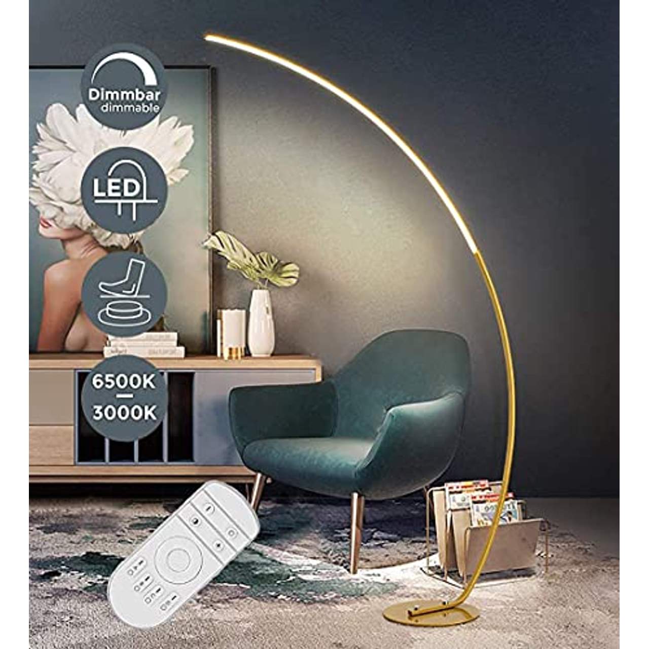 LED Bogenlampe Dimmbar Wohnzimmer Stehlampe Gold
