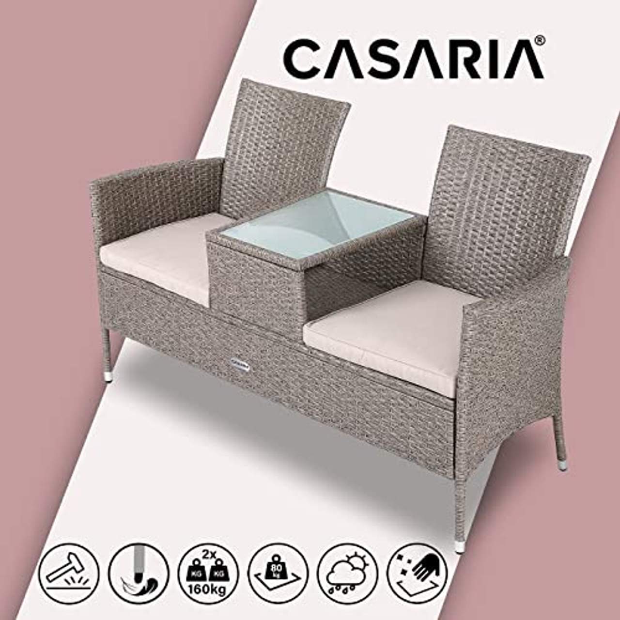 Casaria Poly Rattan Gartenbank 2-Sitzer Tisch In Der Mitte Auflage