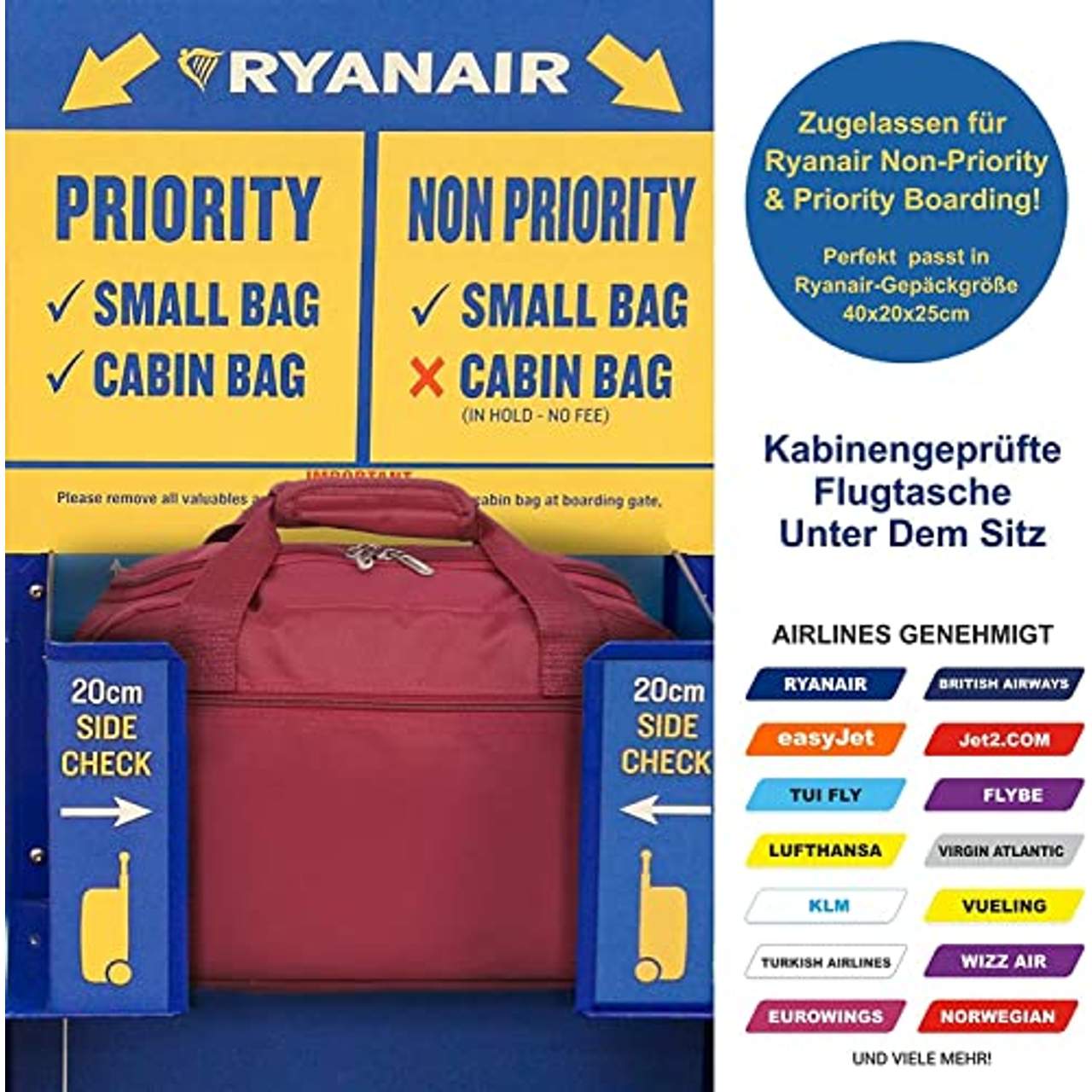 Aerolite New 2019 Ryanair 40x20x25 Maximale Größe der Kabinenreisetasche
