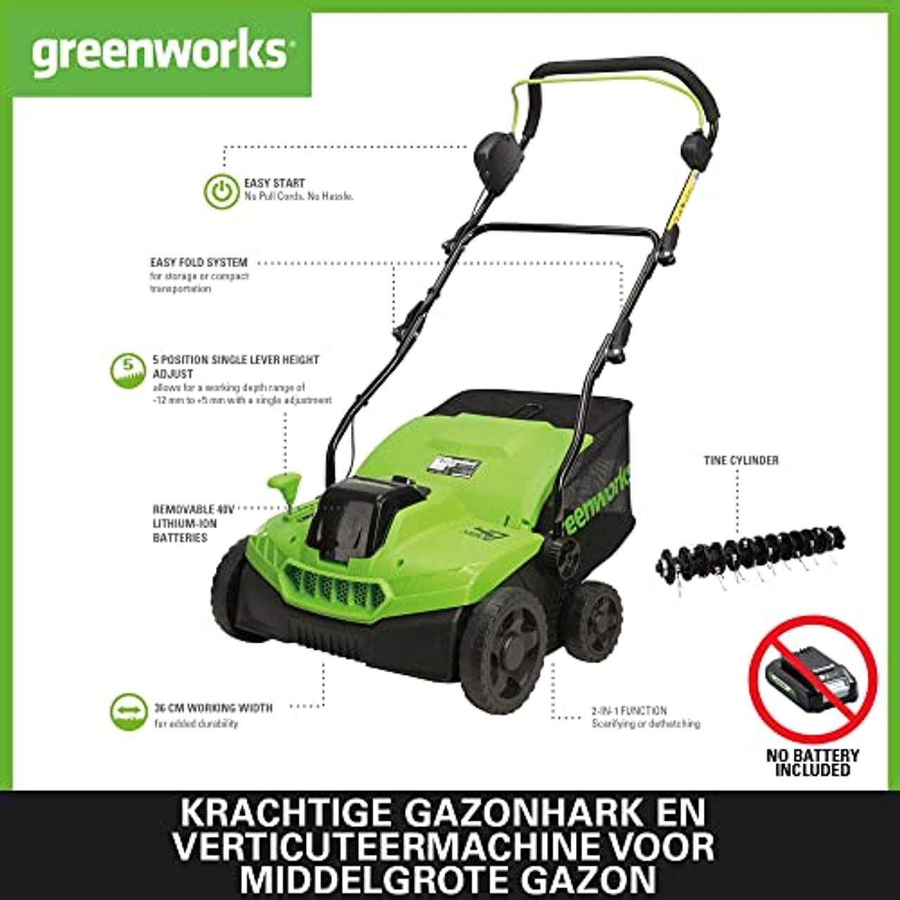 Greenworks 40V 2-in-1 Akku-Vertikutierer und Rasenlüfter GD40SC36 & Akku