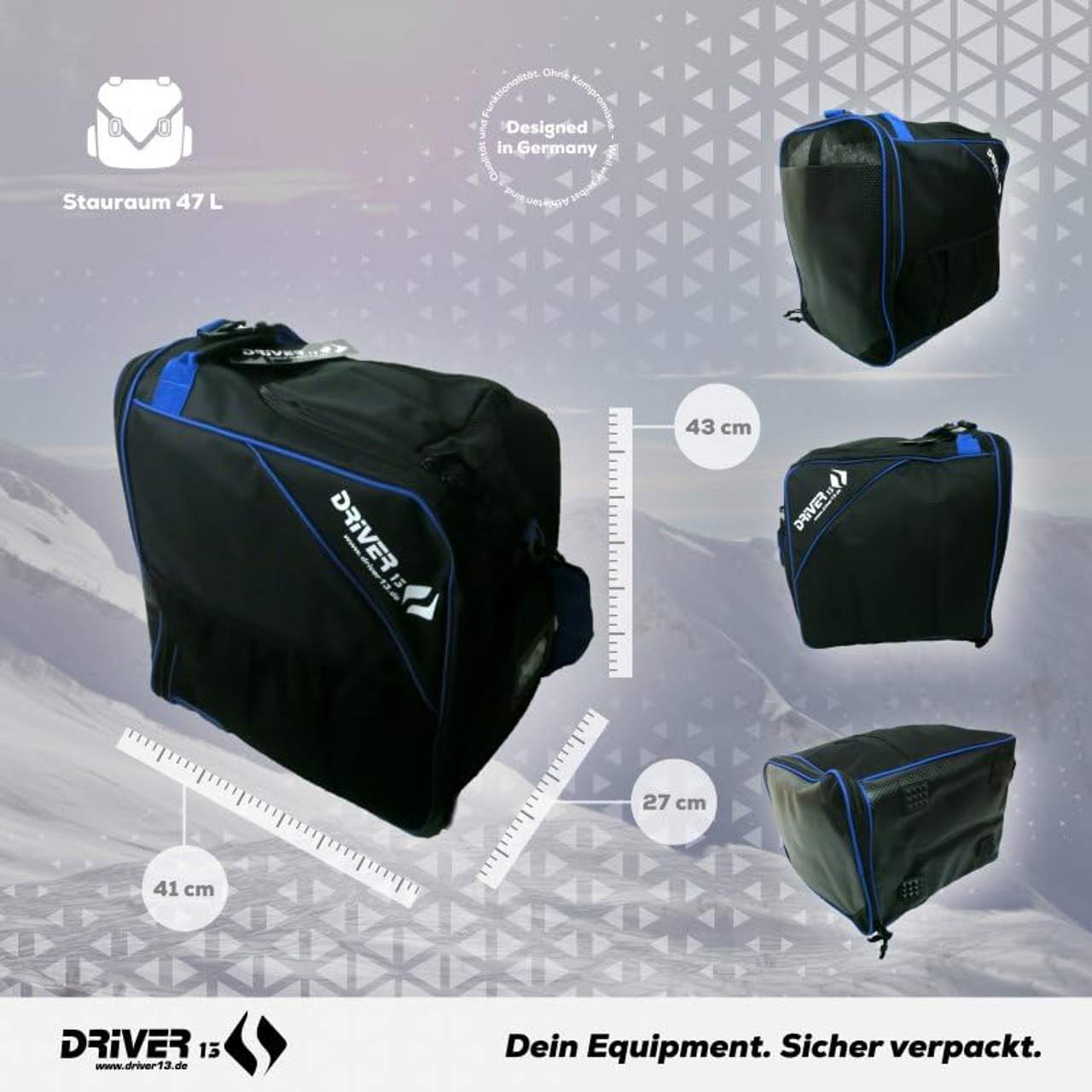 Driver13 Skischuhtasche Skistiefeltasche mit Helmfach für Hart Softboots Inliner und Bootbag Tasche schwarz-blau