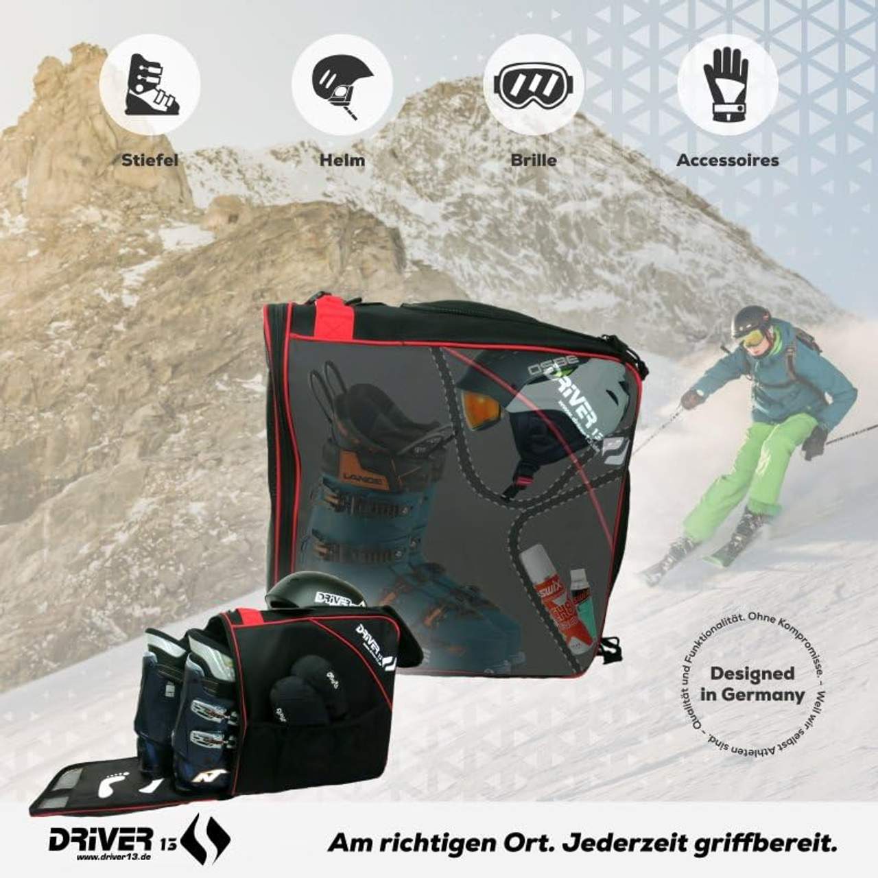 Driver13 Skischuhtasche Skistiefeltasche mit Helmfach für Hart Softboots Inliner und Bootbag Tasche schwarz-rot