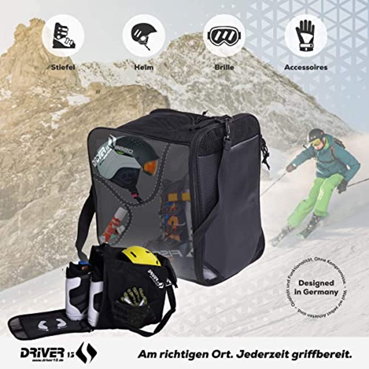 Driver13 Skischuhtasche Skistiefeltasche mit Helmfach für Hart Softboots Inliner und Bootbag Tasche schwarz