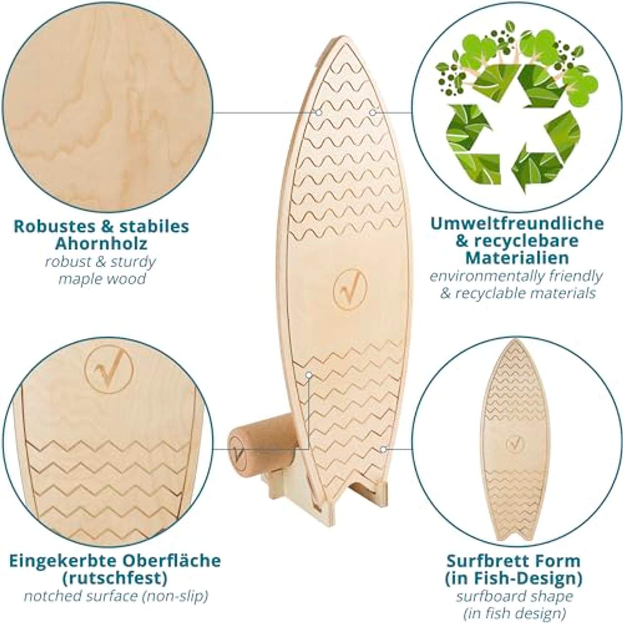 valuents Balance Board aus Holz in Surfboard Form