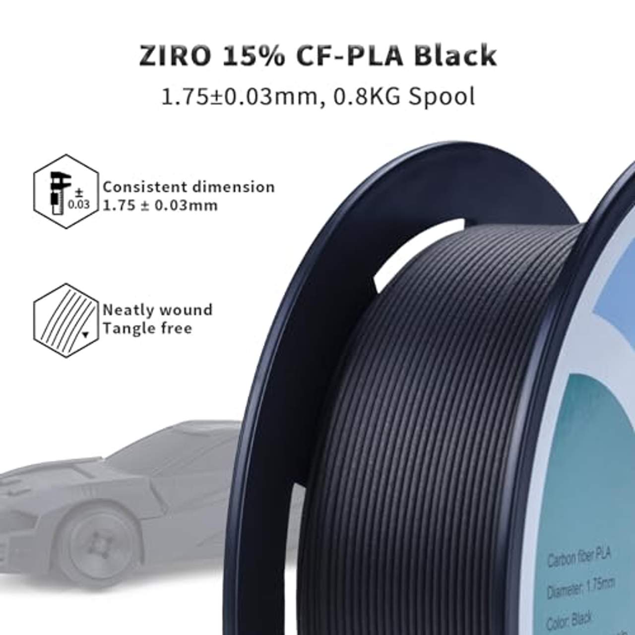 ZIRO PLA Kohlefaser 1,75mm 3D Drucker Filament Kohlefaser PLA 1,75 mm 0,8kg Spule