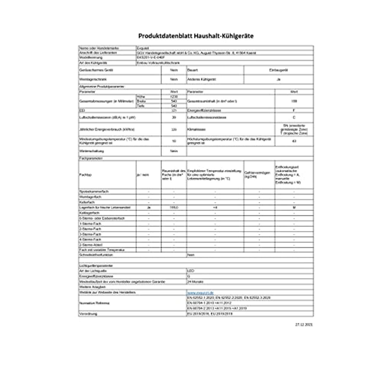 Exquisit Einbau-Vollraumkühlschrank EKS201-V-E-040F 