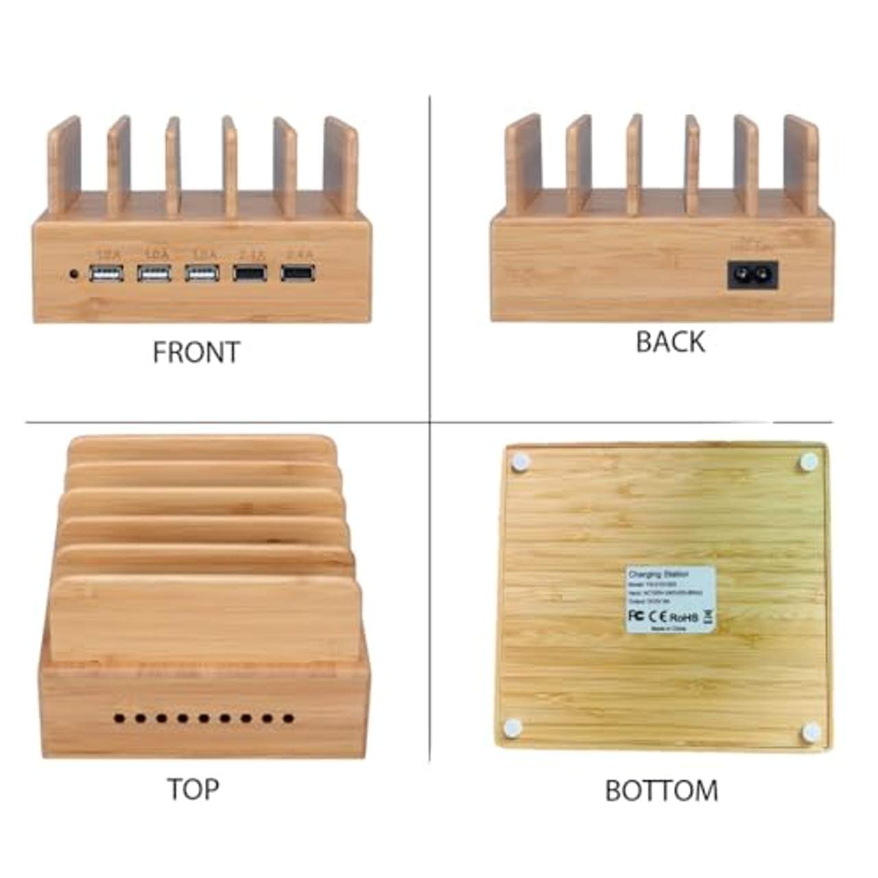 Yisen Ladestation Aus Holz Bambus 5 USB Ladegerät mehrfach Dockingstationen