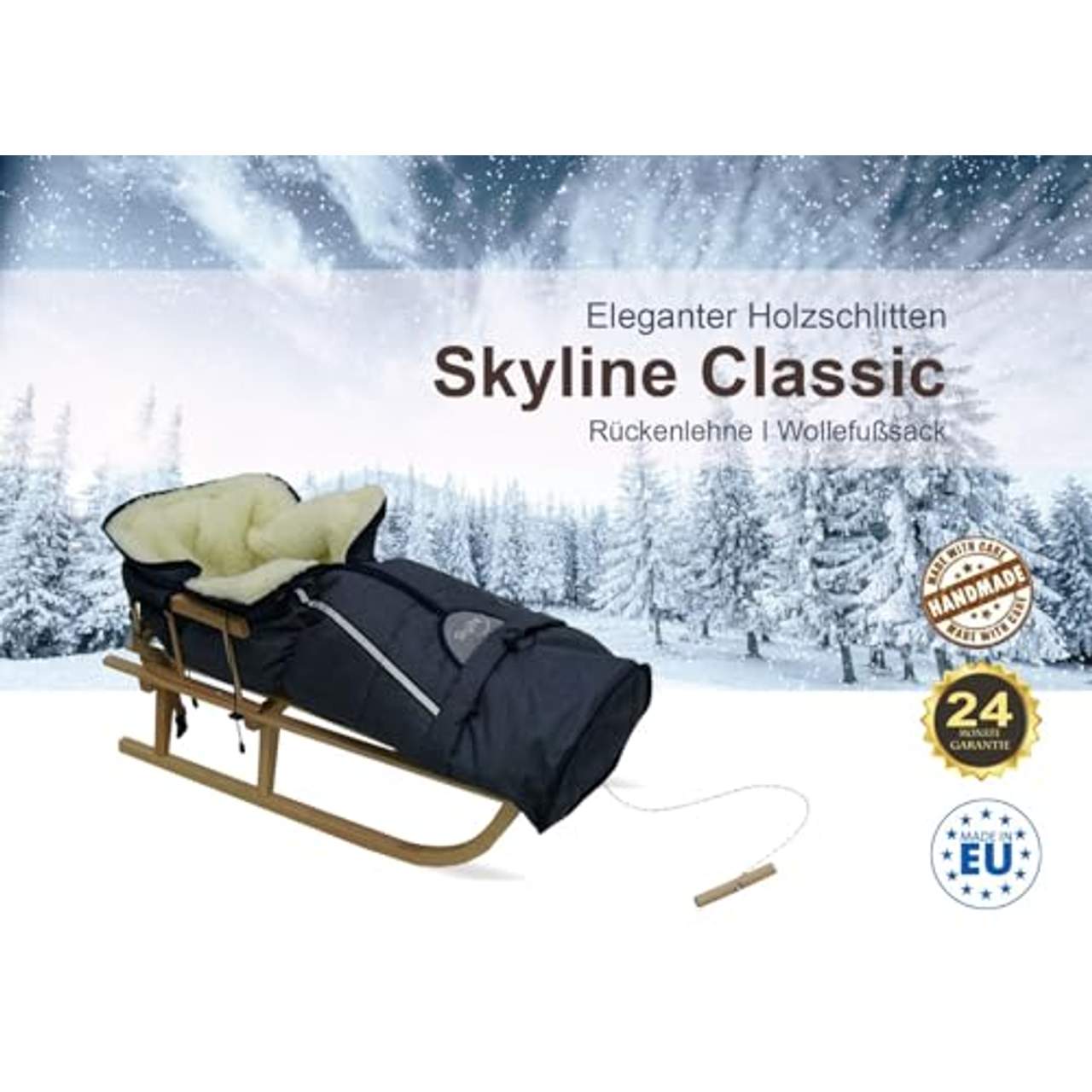 Skyline Holzschlitten für Kinder mit Rückenlehne Rodelschlitten Davoser Schlitten
