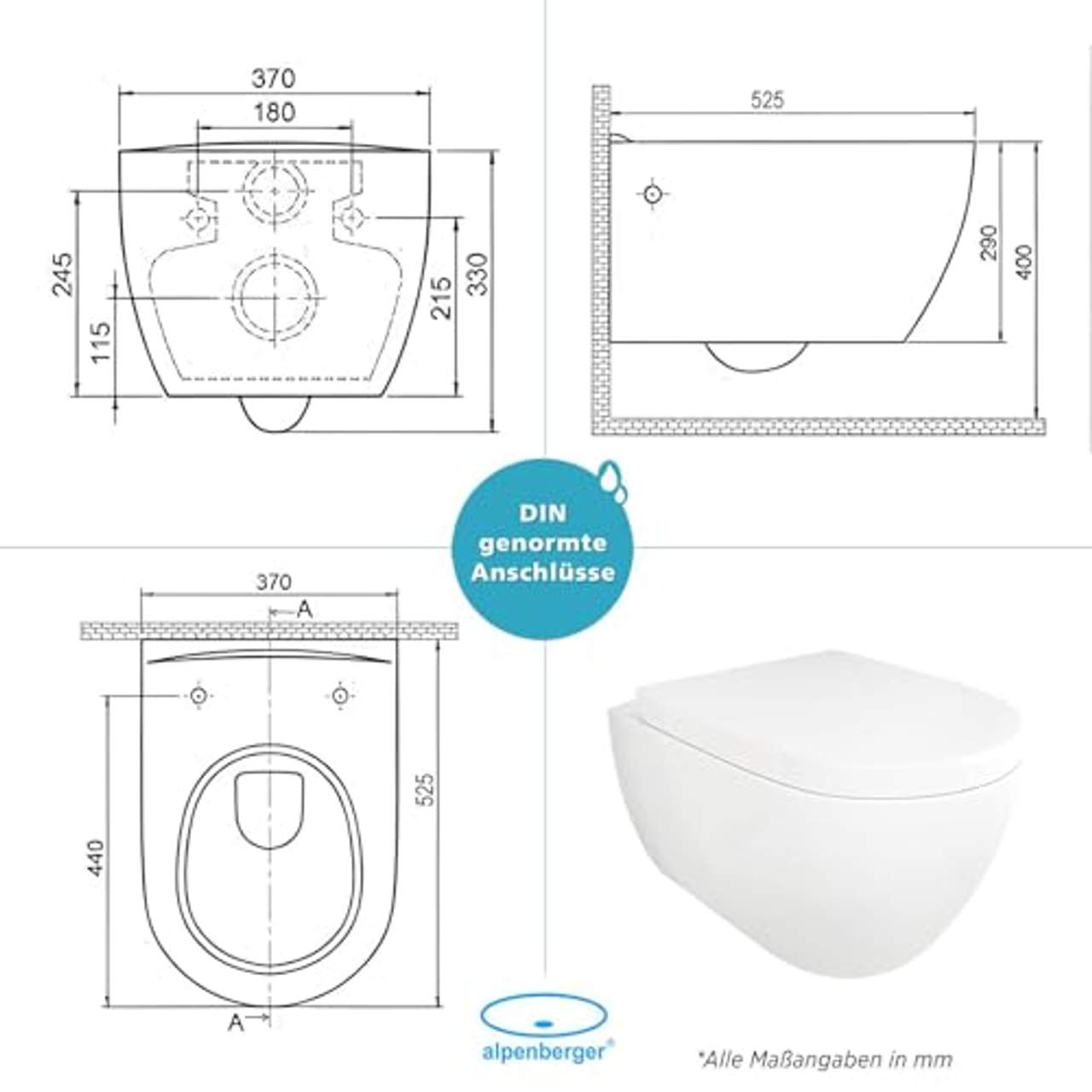 Alpenberger Spülrandloses Tiefspül-WC Abnehmbarer WC-Sitz