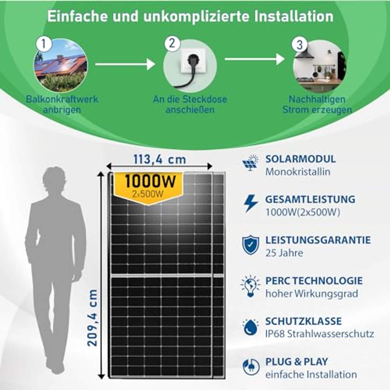 Solar-PV 1000W Balkonkraftwerk Photovoltaik Solaranlage