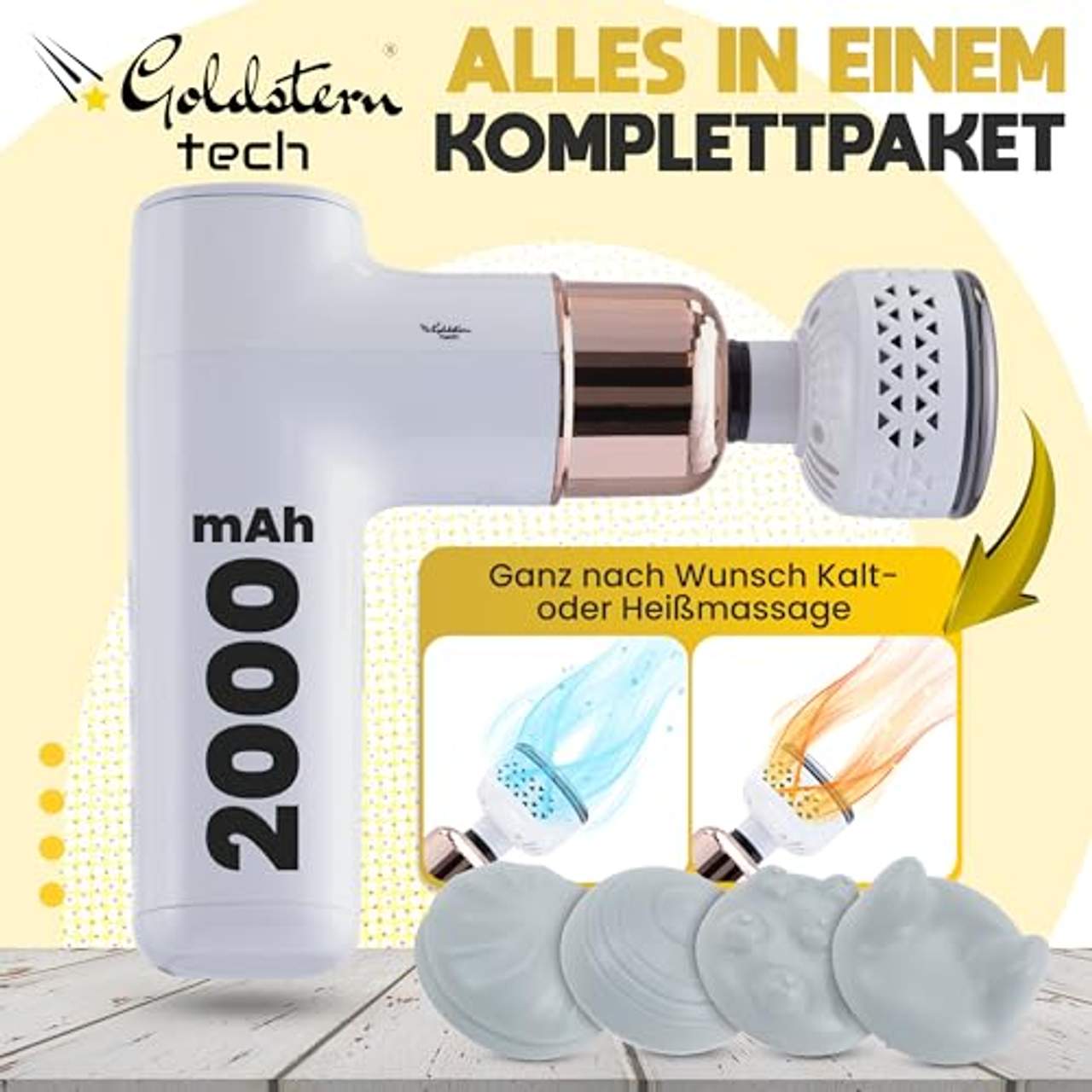 Goldstern tech Compact-Pro Massagepistole mit Wärmefunktion und Kälte inkl.4 Aufsätze