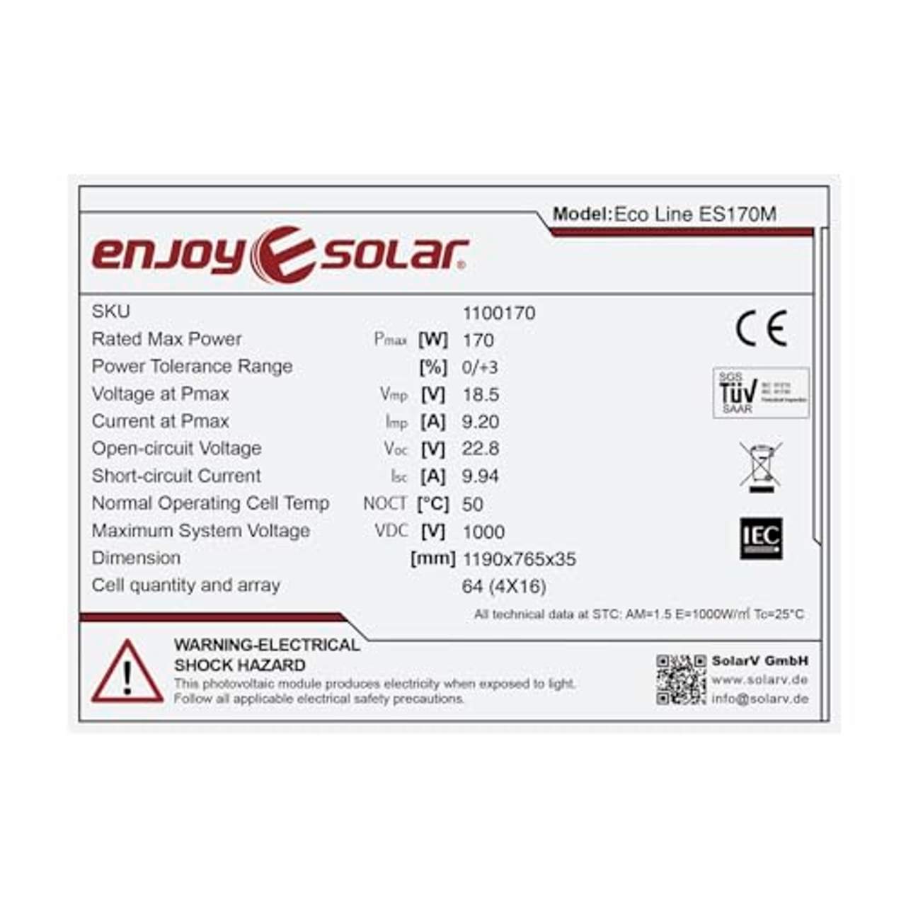 enjoy solar Mono 170W 12V Monokristallines Solar panel 170 Watt  