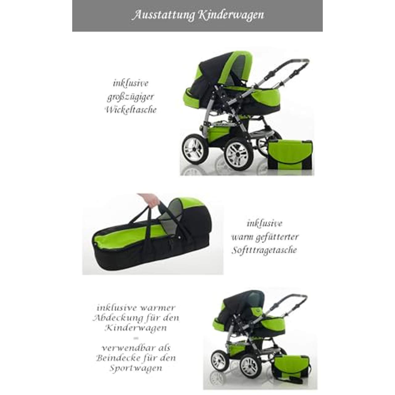 14 teiliges Qualitäts-Kinderwagenset 2 in 1 „FLASH“ in 38 Farben: Kinderwagen