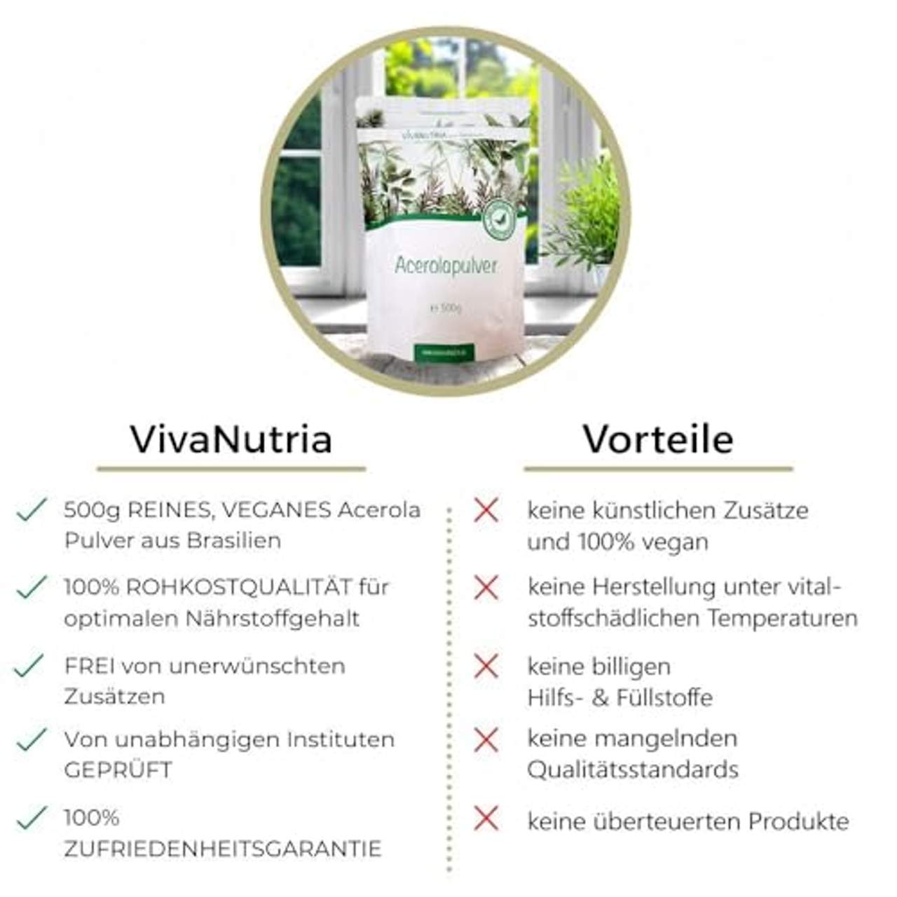 VivaNutria Bio Acerola Pulver 500g I natürliches Vitamin C Pulver als Acerola