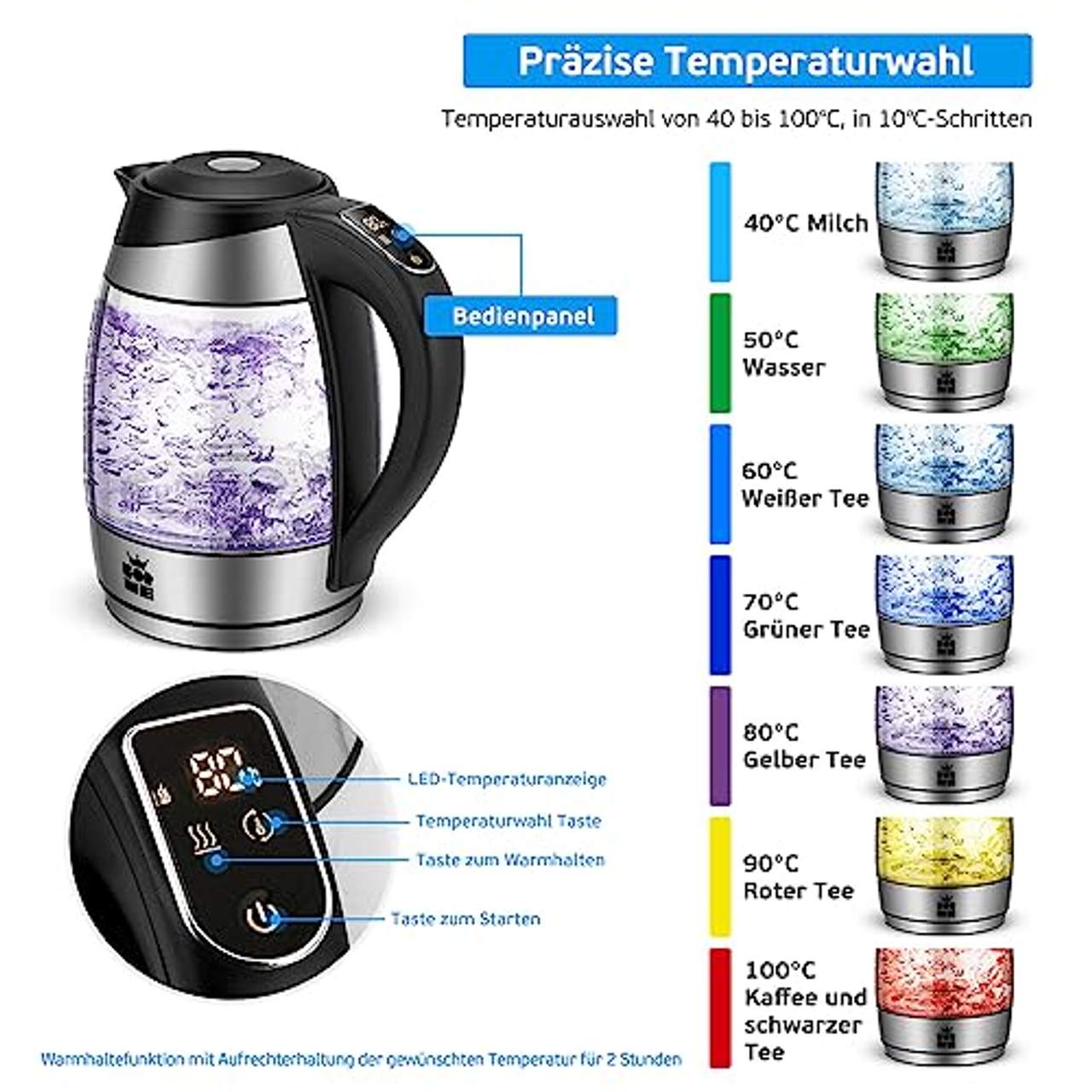 ForMe Glas Wasserkocher 1,8 Temperatureinstellung Temperaturwahl