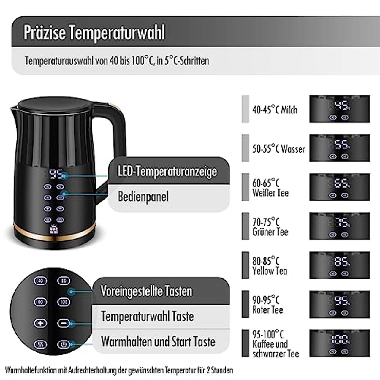 ForMe Edelstahl Wasserkocher 1,7 Temperatureinstellung