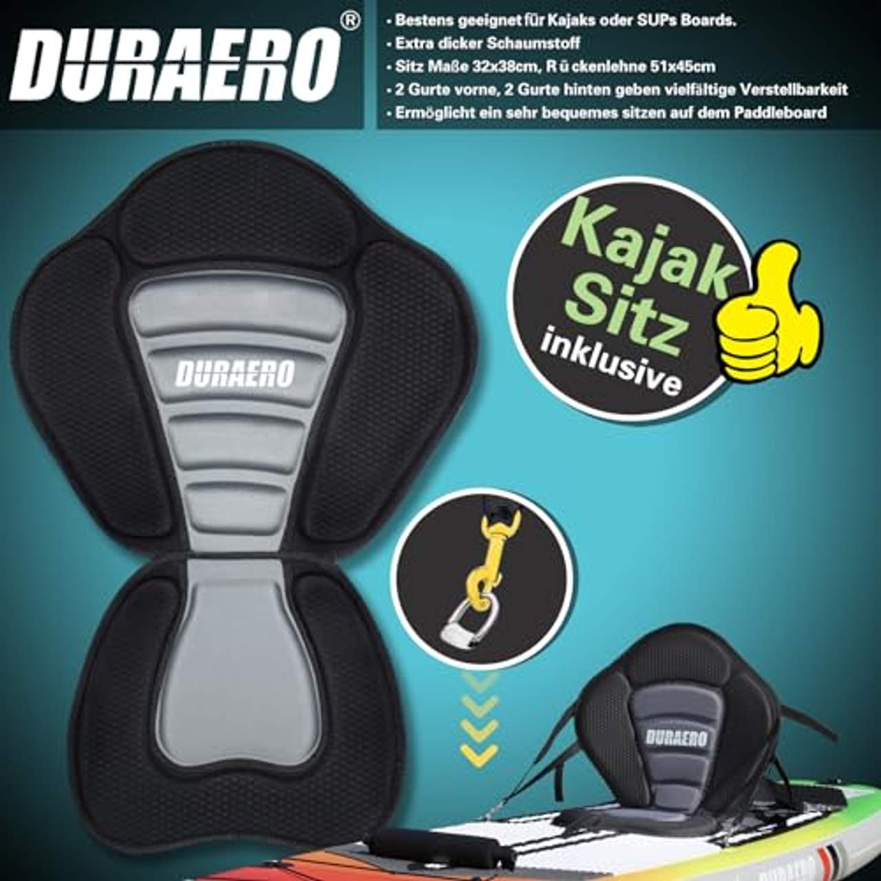 DURAERO Premium Kajak-Sitz für SUP Board Stand Up Paddle Surfboard SUP Paddling