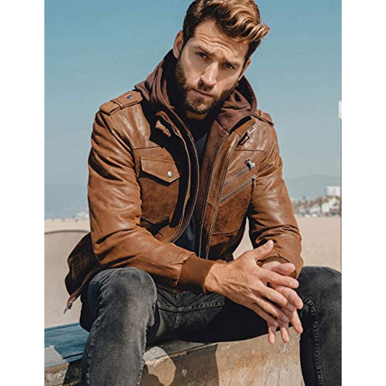 FLAVOR Echtes Lederjacke Herren Abnehmbarer Hoodie