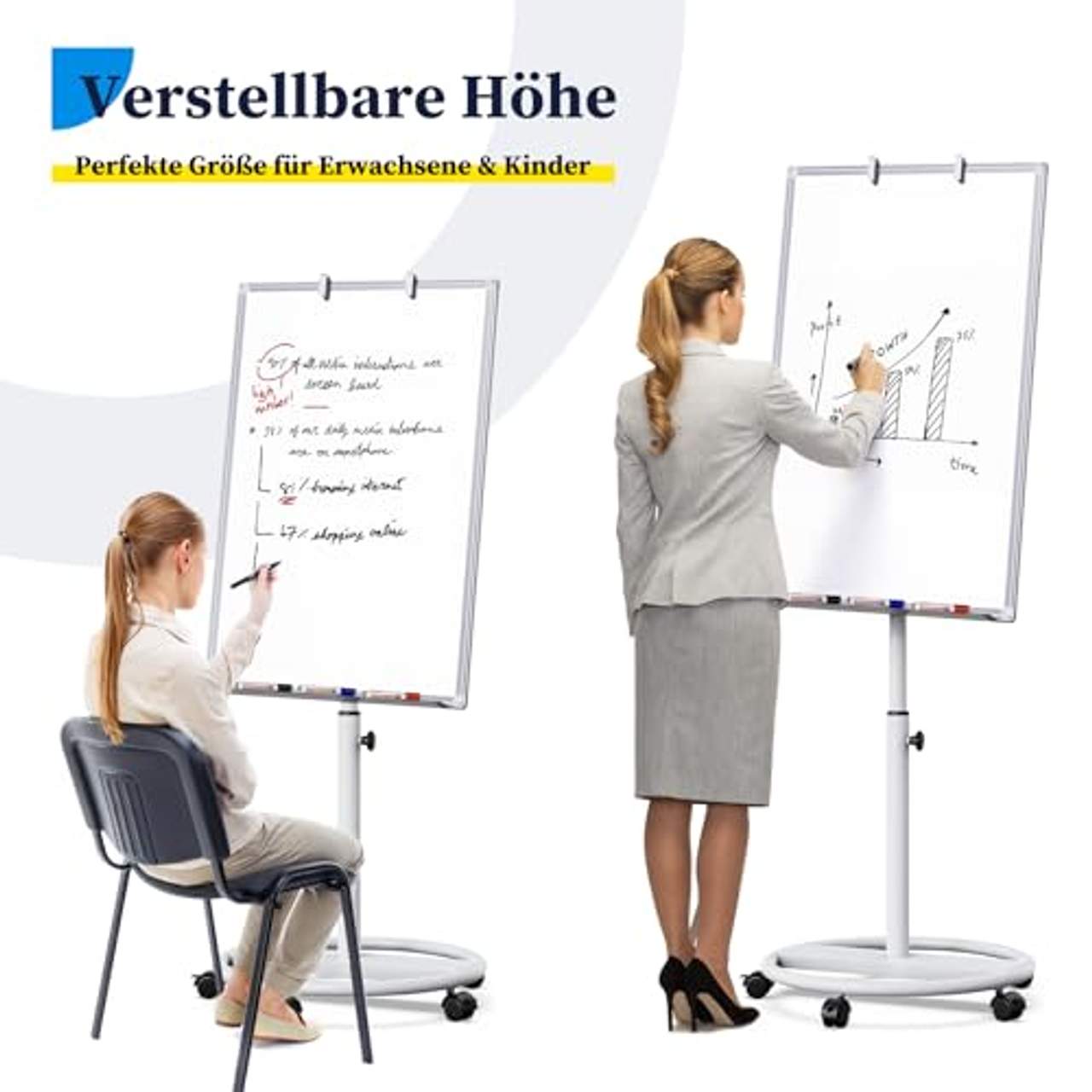 maxtek Whiteboard mit Ständer Flipchart Höhe verstellbar mit runder Basis Maxtek 60 x 90 cm Flipchart
