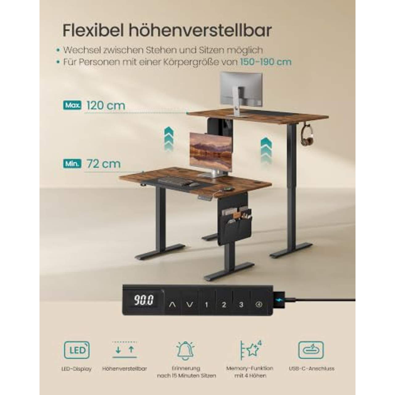 SONGMICS Höhenverstellbarer Schreibtisch