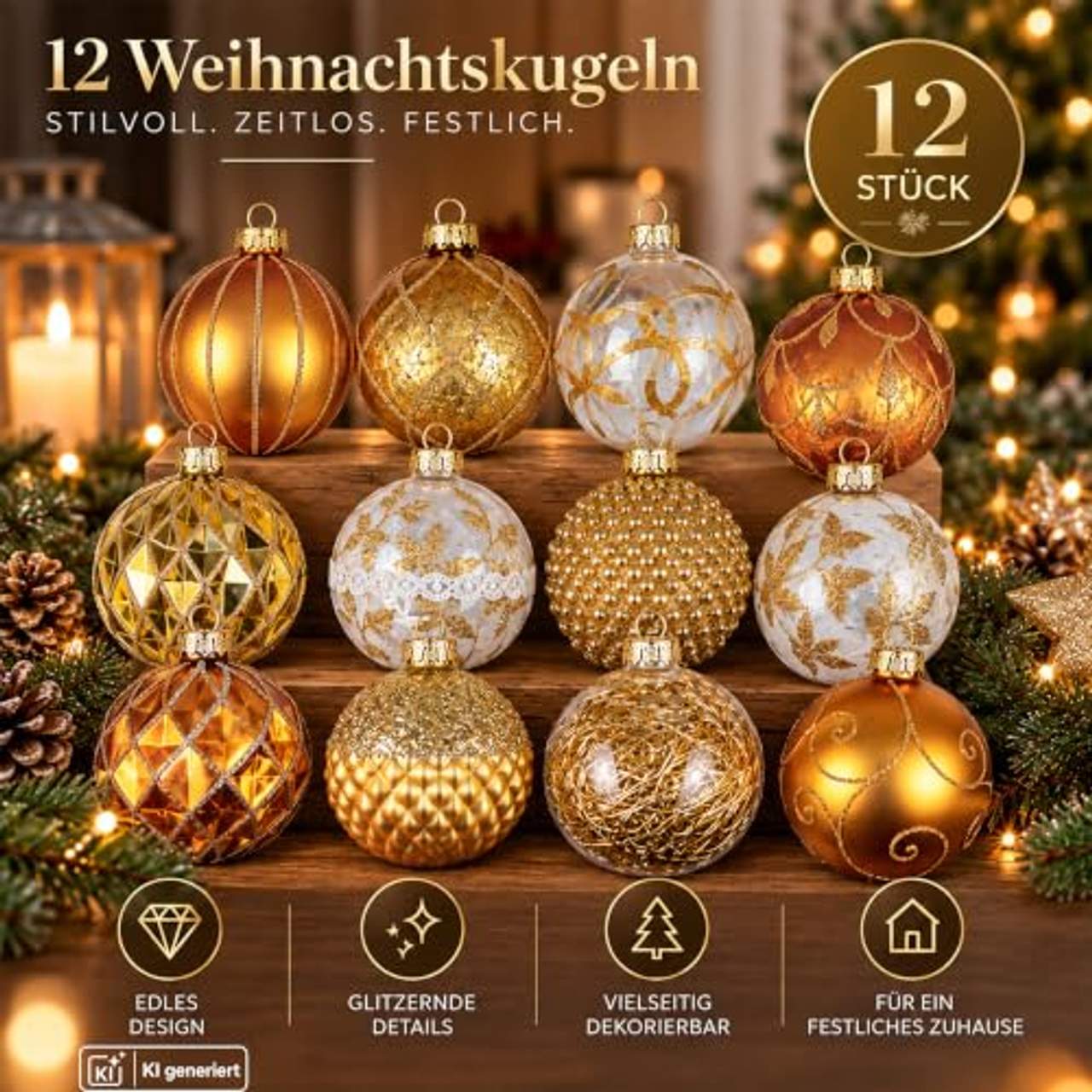 My-goodbuy24 12er Set Luxus Weihnachtskugeln Set D