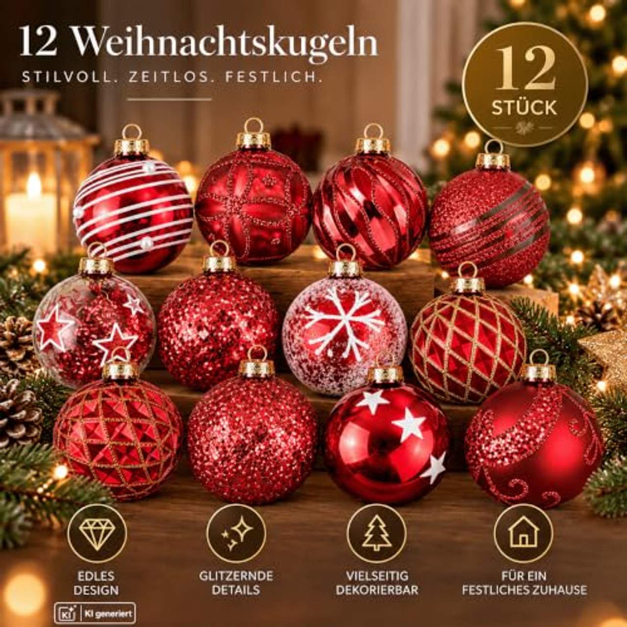 My-goodbuy24 12er Set Luxus Weihnachtskugeln Set M