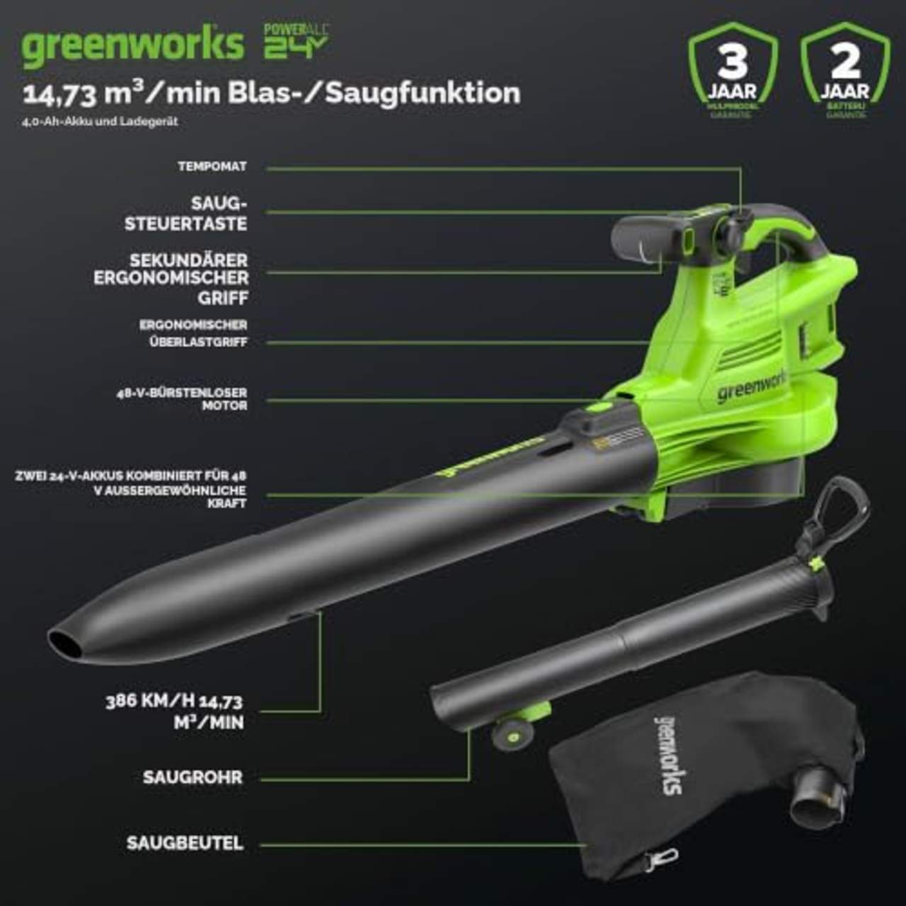 Greenworks 48V Akku Laubsauger - Laubbläser