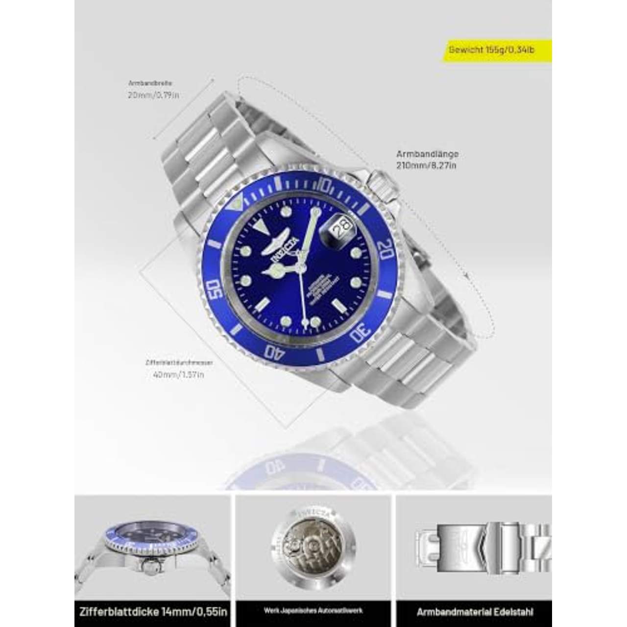 Invicta Pro Diver Edelstahl Herren Automatikuhr