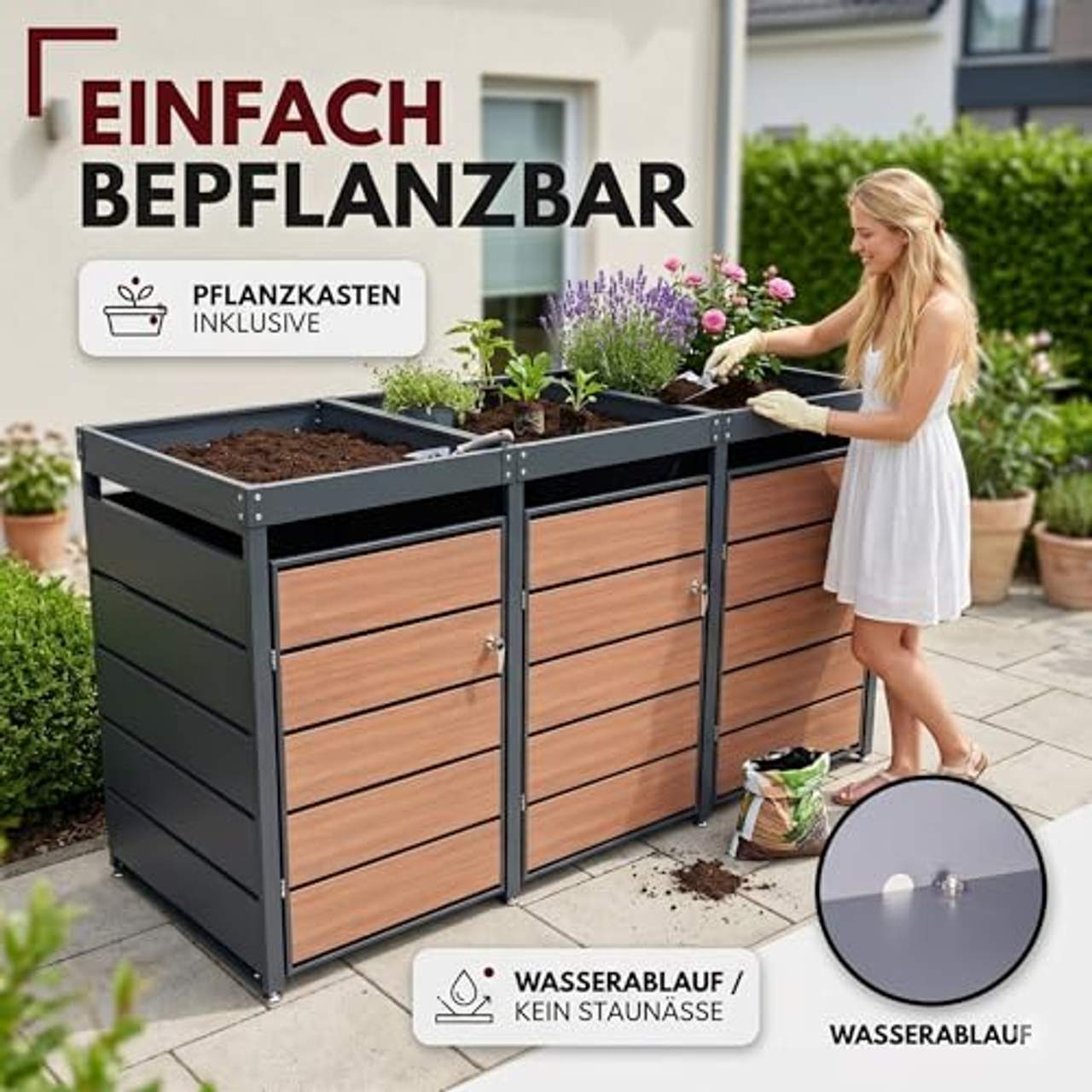ALBATROS Mülltonnenbox 3er Holzdekor & Pflanzkasten
