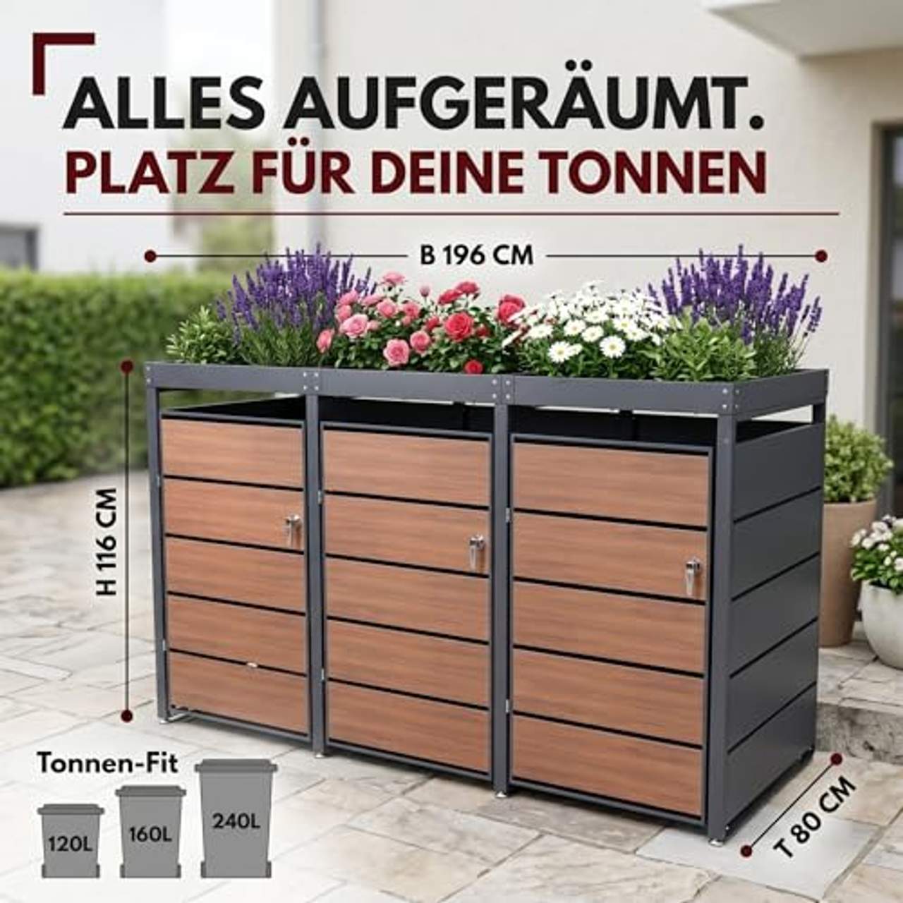 ALBATROS Mülltonnenbox 3er Holzdekor & Pflanzkasten